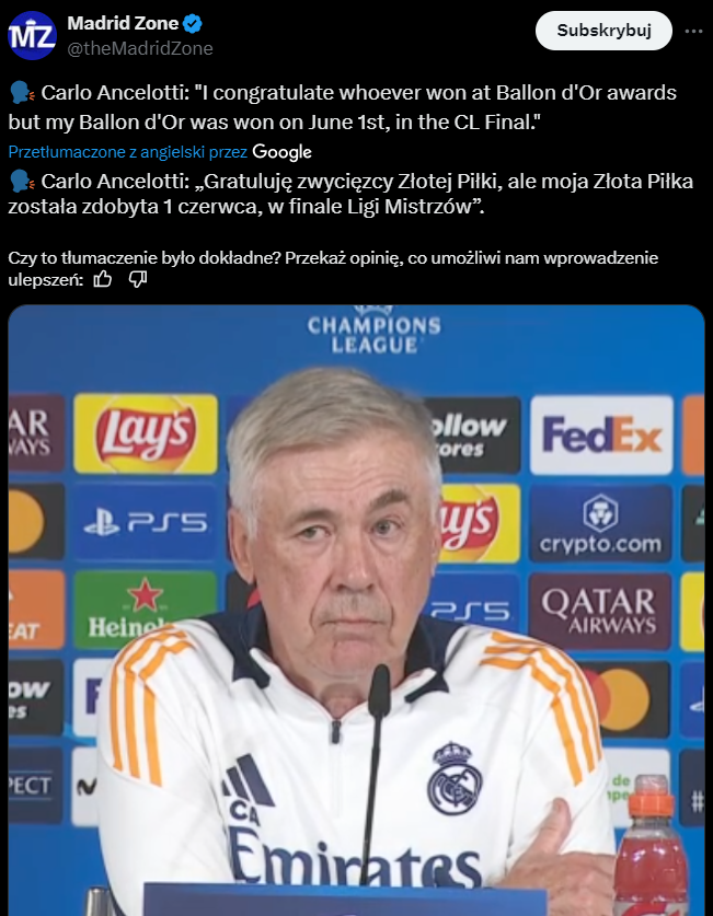 Carlo Ancelotti nt. ZŁOTEJ PIŁKI 2024 xD